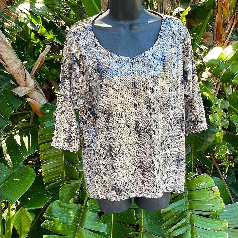 snake print Sequin three-quarter sleeve top